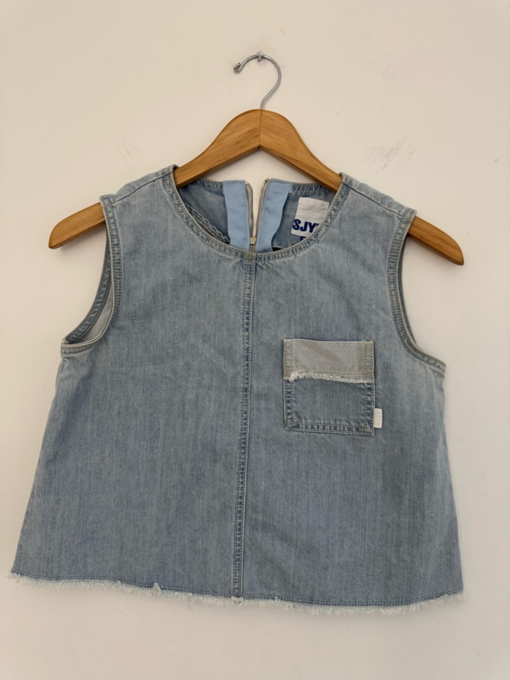 Light Wash Denim Sleeveless‎ Boxy Top with Front Pocket